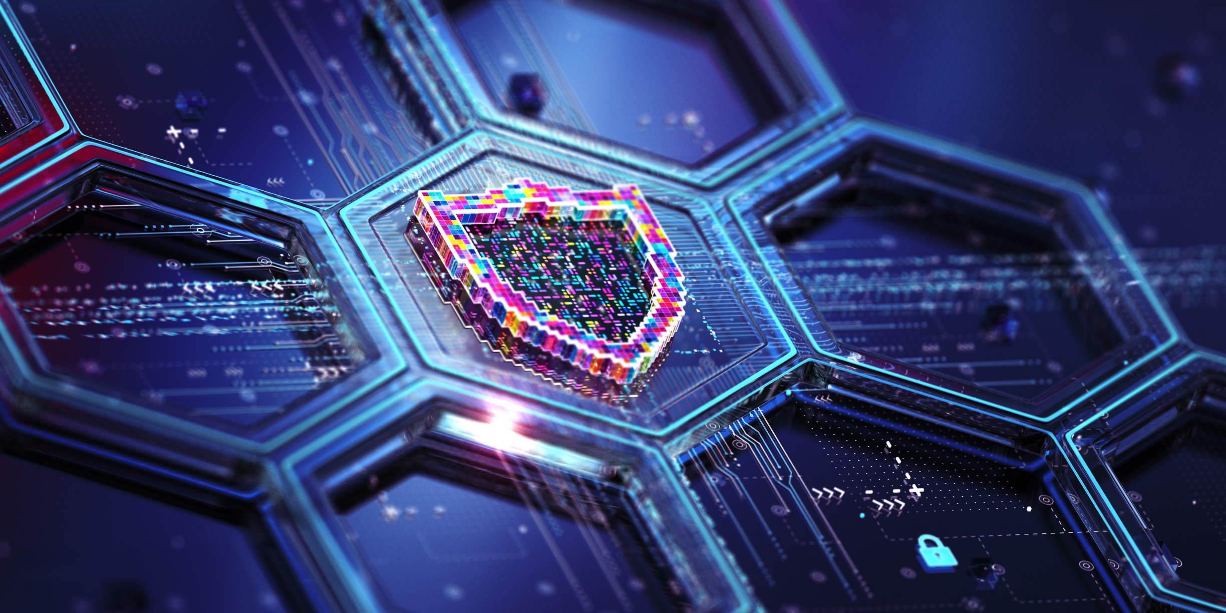 Digital background featuring a hexagonal shield, representing the concept of cybersecurity and protection.